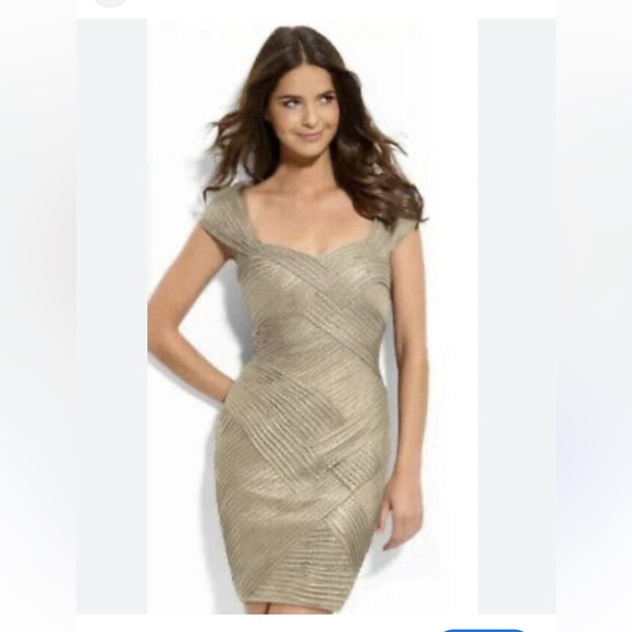 Tadashi Shoji Golden Bronze Metallic Pintuck Bodycon Cocktail Dress - Picture 1 of 9